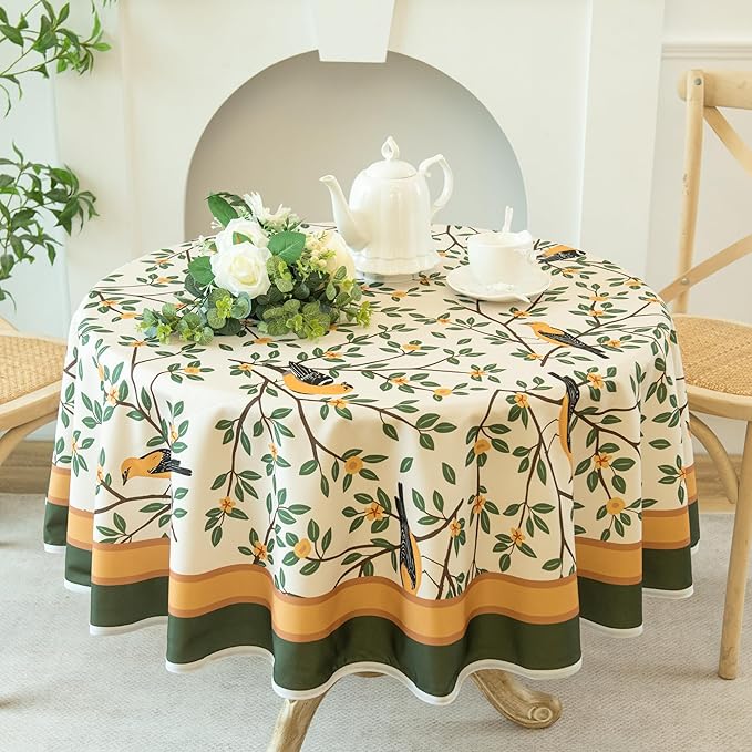 French Tablecloth Waterproof, Kumquat and Oriole Vintage Style Print – Stain Resistant, Washable Fabric Table Cover for Dining, Kitchen, Party, Vibrant Nature-Inspired Home Decor, 60" Round