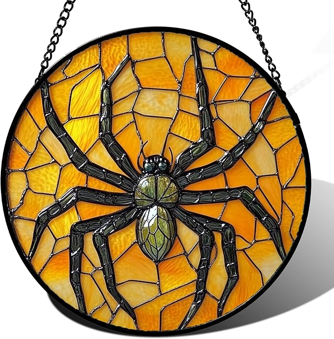 Stained Glass Window Hanging - Halloween Decorations Black Spider Suncatcher for Doors Garden Indoor Spooky Funny Sun Catchers Gothic Decor Horror Gifts for Women Men Friend 9.8 in