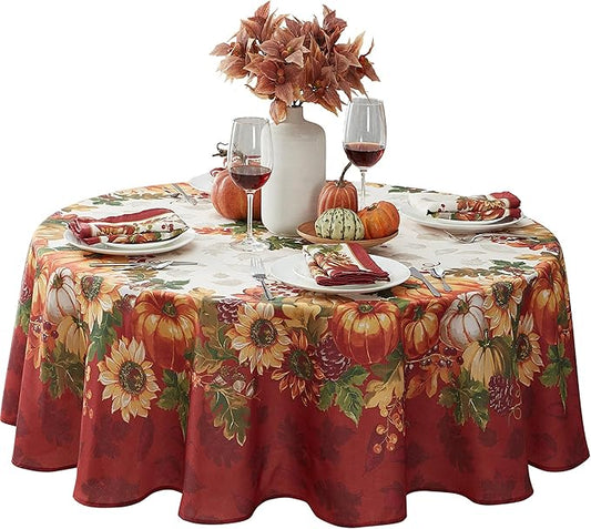 Newbridge Thanksgiving Autumns Bounty Bordered Round Fabric Tablecloth, 70 Inch Round Bountiful Farm Pumpkin Fall Harvest Multicolor Easy Care Table Cloth for Holiday Party
