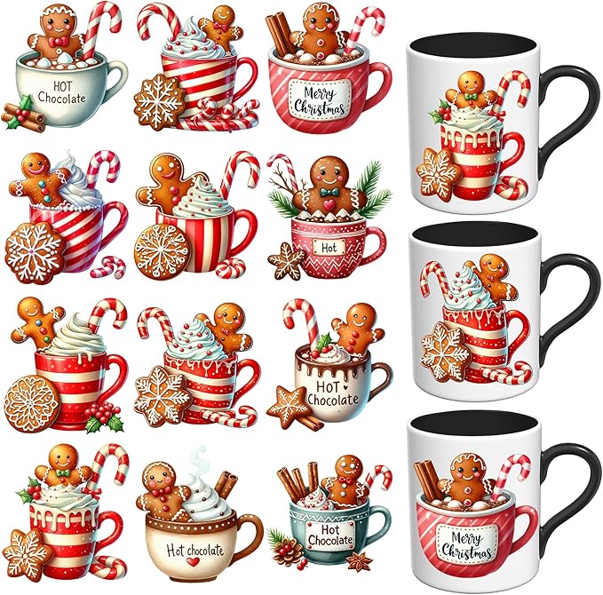 UV DTF Stickers - 12 Sheets Christmas Gingerbread UV DTF Cup Wrap for Coffee Mugs Glass, DIY Decals for Tumblers, Waterproof Rub on Transfers for Crafts