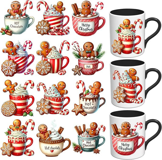 UV DTF Stickers - 12 Sheets Christmas Gingerbread UV DTF Cup Wrap for Coffee Mugs Glass, DIY Decals for Tumblers, Waterproof Rub on Transfers for Crafts