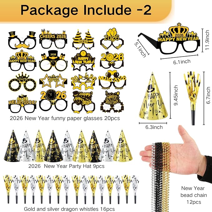 2026 New Years Decorations 75PCS New Year’s Eve Party Supplies Including Glasses, Cone Hats, Headband Tiaras, Banner, Horns, Necklaces for Party Decor Favor