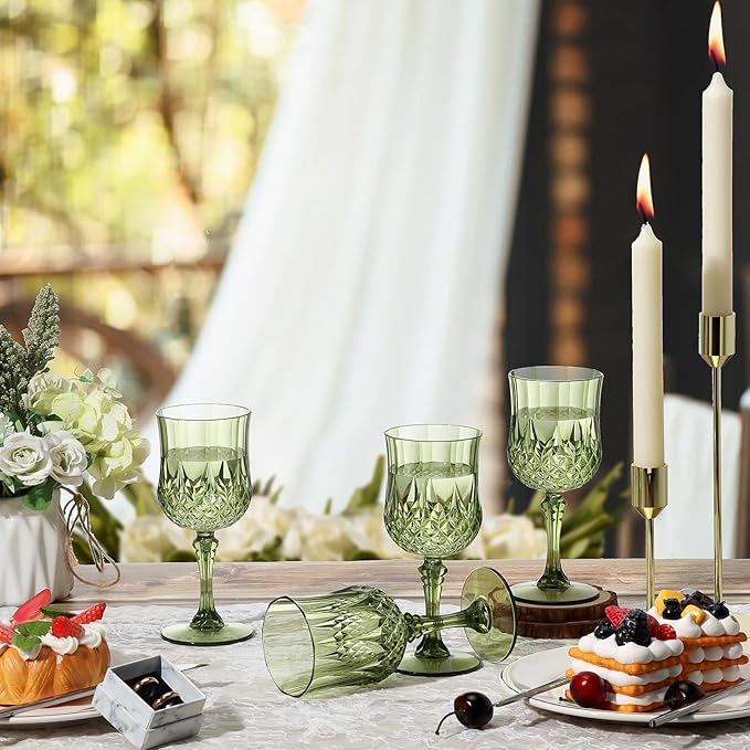 XUWAIDSGN 16 Pcs 7oz Plastic Vintage Wine Glasses Drinking Glasses Unbreakable Wedding Glassware Crystal Water Goblets Reusable Drinkware Vintage Champagne Flutes (16, Dark Green)