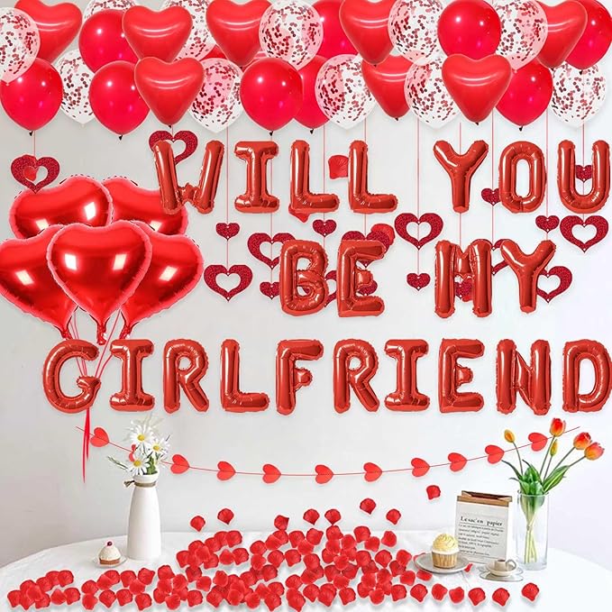 Valentine's Day Decorations Red Will You Be My Girlfriend Balloons - 2000pcs Red Artificial Rose Petals 16" Letter Balloons 18" Foil Latex balloon 20 heart balloon Hanging Swirls Heart Banner