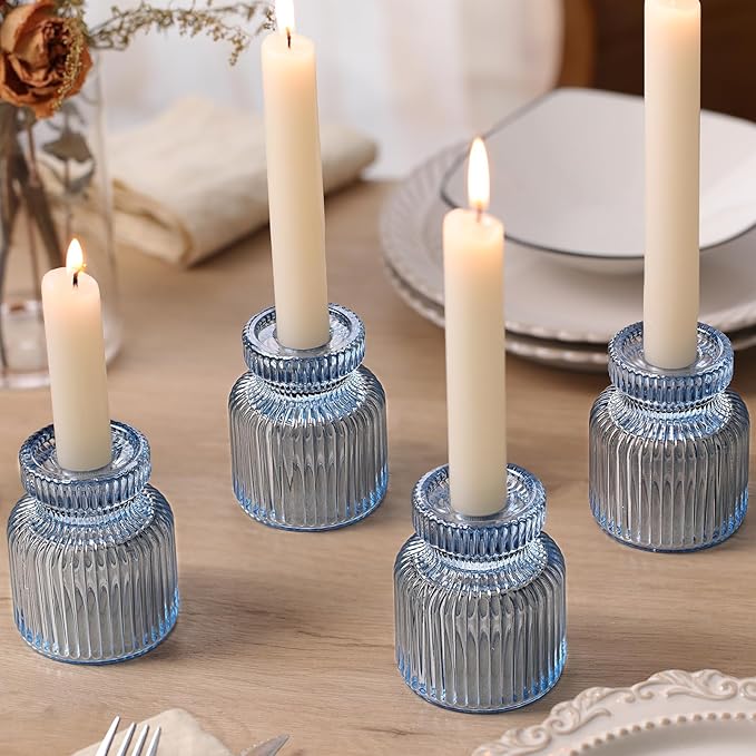DARJEN 12 Pcs Glass Candlestick Holders- Blue Taper Candlestick Holders Tealight Votive Candle Holders for Table Centerpieces, Wedding, Dinner Party, Home Decor