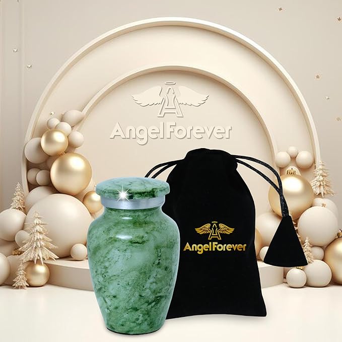 Small Keepsake Urn for Human or Pet Ashes – Handcrafted Light Green Marble Mini Urn with Velvet Bag & Gift Box | Durable Metal Memorial Token Jar for Baby, Infant, Pet or Loved One – 3 Cu in