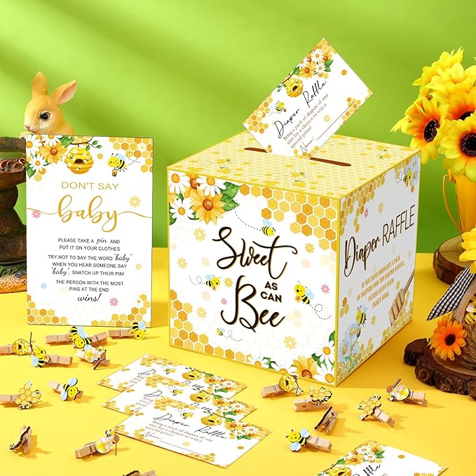 102 Pcs Baby Shower Game Supplies Diaper Raffle Tickets with Diaper Raffle Card Box Don't Say Baby Sign Mini Clothespin Shower Game Decor for Gender Reveal (Bee)