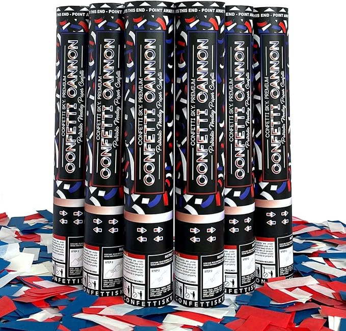 Confetti Sky [6 Pack] 12 Inch Confetti Cannons | Confetti Poppers for Wedding Celebration, Birthday Party, Pranks, Graduation, Christmas Eve and New Year Celebration (Blue,red,white)