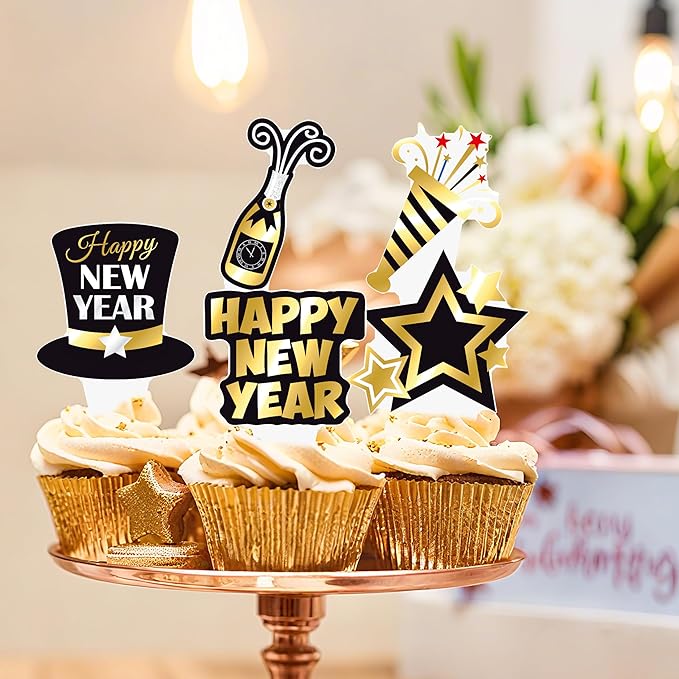 48Pcs New Years Eve Party Cupcake Toppers Happy New Year Countdown Clock Theme Cupcake Toppers for Hello 2026 Party Decorations Midnight Countdown Events Supplies