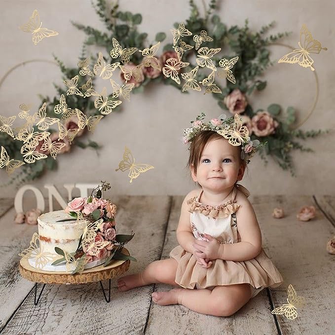 40 PCS Laser 3D Butterfly Cupcake Toppers Hollow Arts Cake Decorations for Baby Shower Wedding Fairy Birthday Party Supplies Wall Sticker Decoration Mixed Styles Gold