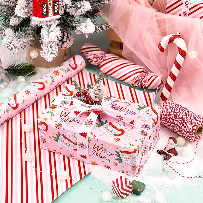 WRAPAHOLIC 30 Inch Jumbo Reversible Christmas Wrapping Paper - 30 Inch x 33 Feet - Santa Claus Cup and Stripe Wrapping Paper for Chrsitmas, Holiday, Party Celebration