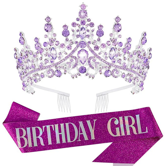 Velscrun Purple Crystal Birthday Tiara Crowns for Women Girls Elegant Princess Crown with Combs Birthday Girl Headband Sash Happy Birth Party Decorations Birth Hair Accessories
