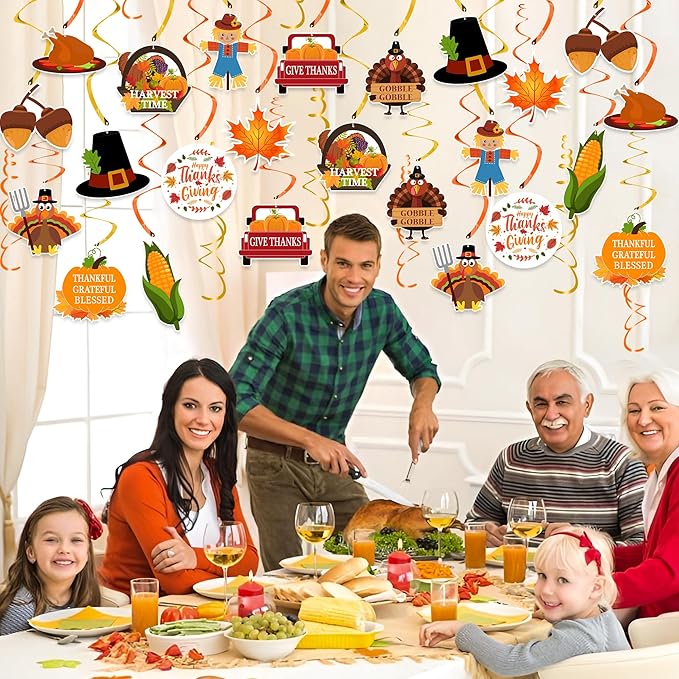 Thanksgiving Decorations Hanging Swirl - 36Pcs Thanksgiving Hanging Ceiling Streamers - Turkey Corns Pumpkin Maple Leaves Swirls for Home Indoor Outdoor Party Office Decor Supplies (NO DIY Required)