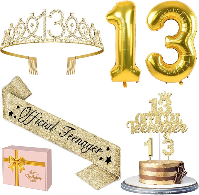 13th Birthday Decorations for Girls with 13th Birthday Crown, Official Teenager Sash, Candles and Cake Topper, Number Balloons, Teen Girl Gifts for 13 Year Old Girls