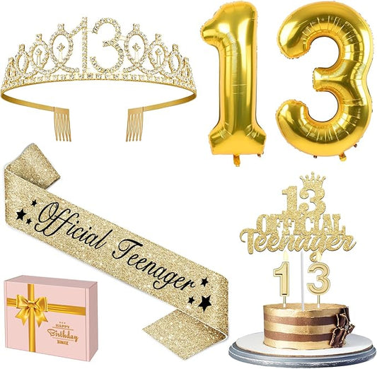 13th Birthday Decorations for Girls with 13th Birthday Crown, Official Teenager Sash, Candles and Cake Topper, Number Balloons, Teen Girl Gifts for 13 Year Old Girls