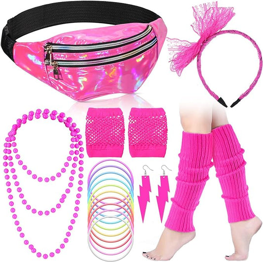 Handepo 19 Pcs 80s Costume Accessories Holographic Fanny Pack Leg Warmers Lace Headband Earrings Gloves Necklace Bracelet