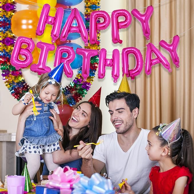 Accevo Rose Red Happy Birthday Banner,16 Inch Mylar Foil Letters Balloons Hot Pink Happy Birthday Balloon for Kids, Child, Adults, Boys & Girls Happy Birthday Sign Birthday Decorations