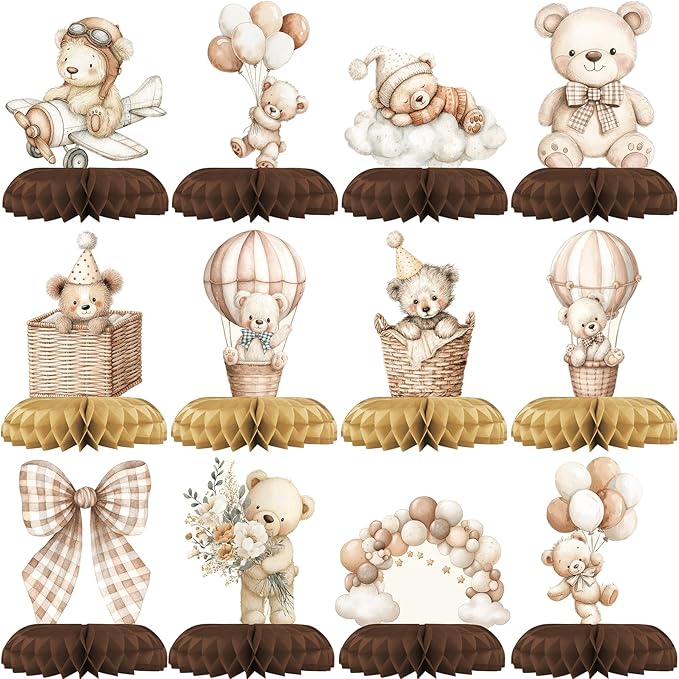We Can Bearly Wait Baby Shower Centerpieces – 12 PCS Boho Teddy Bear Honeycomb Table Decorations, Brown & Beige Decor for Gender Neutral Teddy Bear Baby Shower