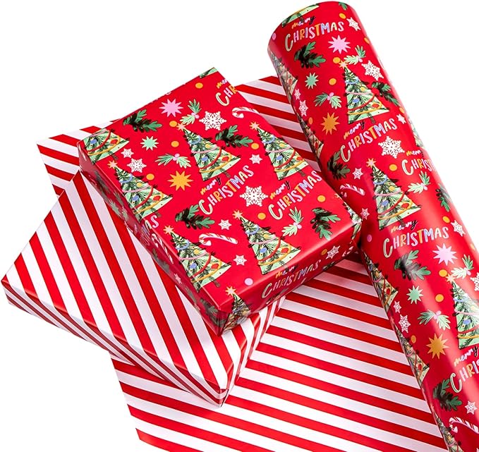 WRAPAHOLIC 30 Inch Jumbo Reversible Christmas Wrapping Paper - 30 Inch x 33 Feet - Red Christmas Tree Wrapping Paper and Stripe Design for Holiday, Party Celebration