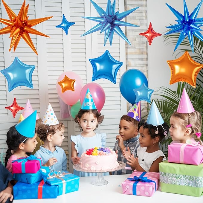16 Pcs Orange and Blue Star Balloons, 22/18/10 Inch Foil Balloons, Four-Pointed Balloon for Kids Girl Boy Birthday Wedding Baby Shower Magic Party Decorations