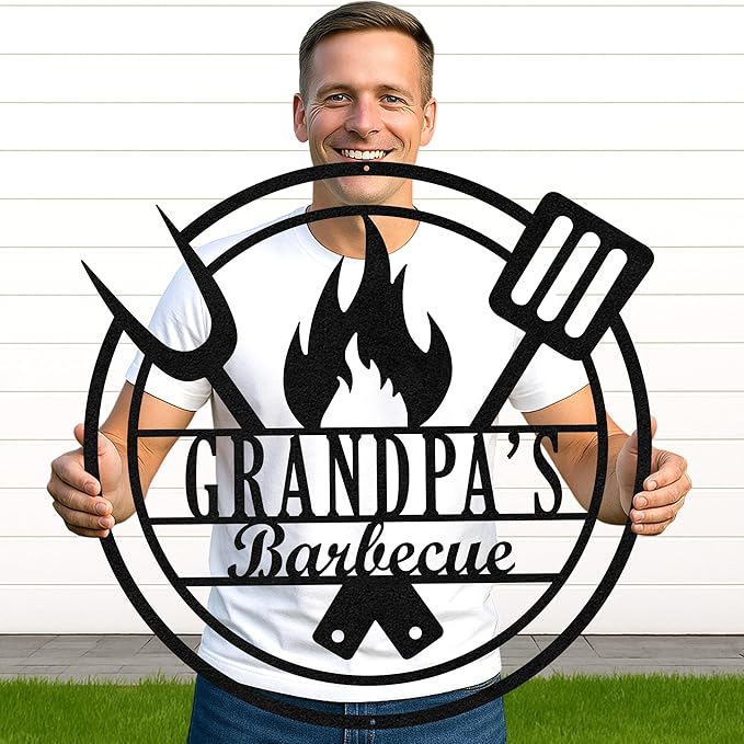 Custom BBQ Grill Metal Sign Personalized Name Wall Art for Outdoor Barbecue Patio Kitchen Backyard Decor Gift for Dad Husband Men Papa Grandpa Father Grilling Enthusiasts Family Lover Funny Gifts 69