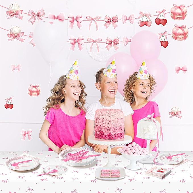 Coquette Pink Bow Party Decorations - Serves 24 - 112Pcs Bowknot Party Supplies, Disposable Plates Napkins Forks Tablecloth Banner Card, for Bachelorette Bridal Engagement Wedding Birthday
