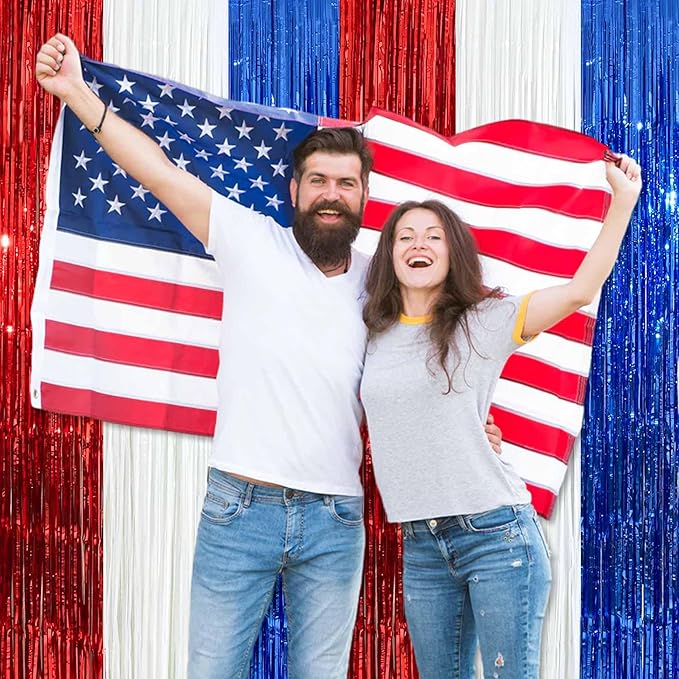 3 Pack White Blue Red Foil Fringe Curtains Backdrop, 3.28 x 8.2 Ft Metallic Streamers Tinsel Curtains Background for Photo Booth, Birthday, Christmas, Halloween, New Year Party Decorations