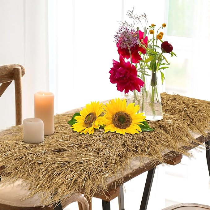 XLX TURF Artificial Thatch Straw Table Runner 13 X 72 Inch - Yellow Hay Grass Table Centerpiece Decor Western Halloween Nativity Party Jungle Birthday Tiki Mexican Style, Home DIY Crafts