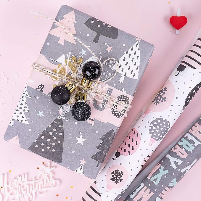 WRAPAHOLIC Christmas Wrapping Paper Set - Rustic Kraft Pink and Grey Christmas Kraft Wrapping Paper Bundle with Gift Bow & Ribbon & Tag & Sticker, Perfect for Birthday, Holiday, Party