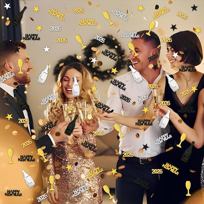 2026 New Years Confetti, 2.12 oz Shinny Metallic 2026 Happy New Year Stars Bottles Mixed Confetti for Tables 2026 New Year Decorations New Years Eve Party Supplies | Silver Black Gold