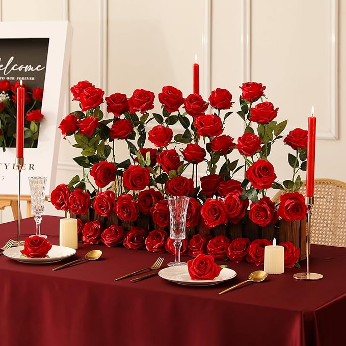 Tifuly 100 Pcs Red Roses Artificial Flowers Bulk, Realistic Long Stem Fake Silk Roses Bouquet for Wedding Centerpiece Table Vases Party Home Kitchen Decor