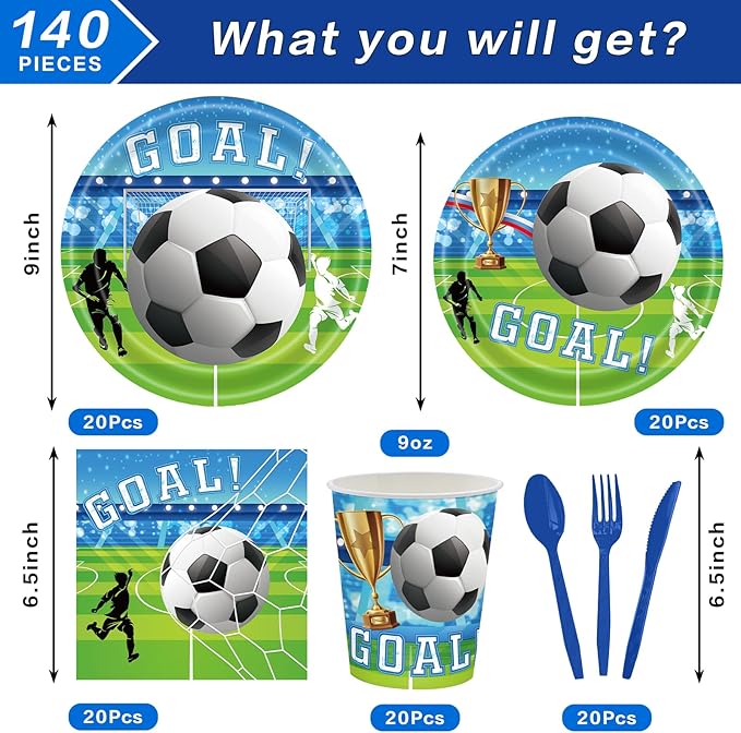 Soccer Party Supplies Set, 140 Pieces for 20 Guests, Tableware and Decorations with Plates, Napkins, Cups, sports Theme Birthday Party Pack