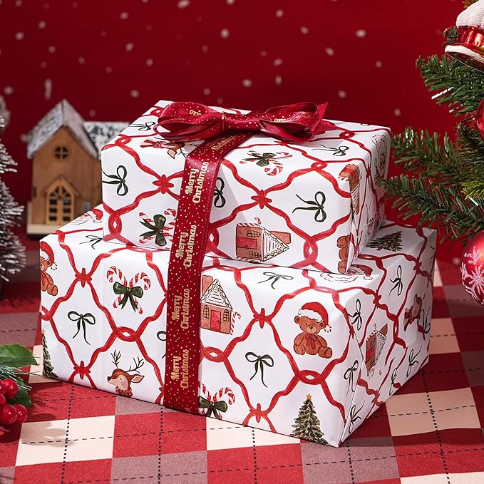 PlandRichW Christmas Wrapping Paper - Red & Green Santa Trellis with Reindeer, Gingerbread, Candy Canes & Teddy Bears - 40×28 Inch Xmas Gift Wrap, 4 Folded Sheets for Kids & Adults
