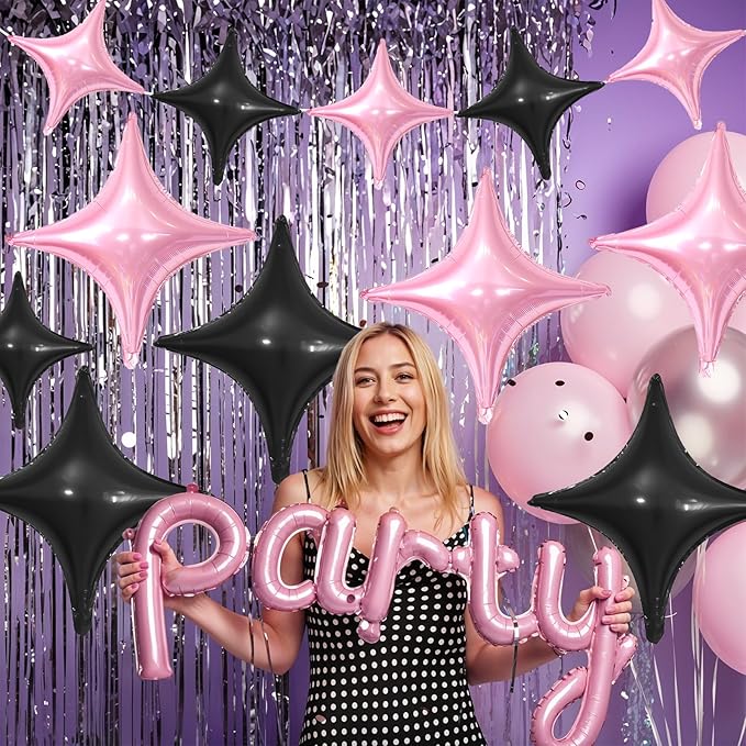 Pink Black Star Balloons,12Pcs Four Angle Star Foil Balloons,26Inch and 10Inch Pink Black Quadrangle Helium Balloon for Birthday Anniversary Party Decorations