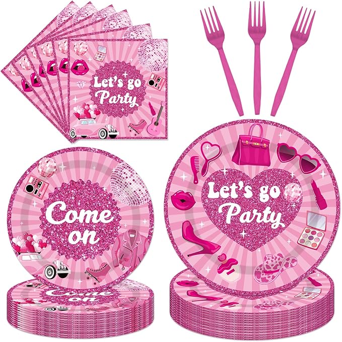 96PCS Let's Go Party Plates and Napkins Party Supplies Hot Pink Girls Party Decorations Baribe Themed Disposable Paper Tableware Set Serves 24 Guests