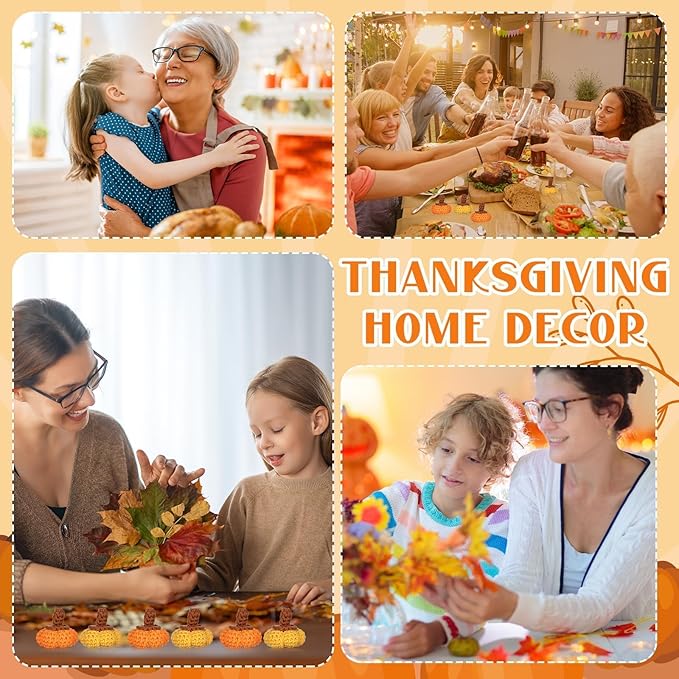 20 Sets Thanksgiving Mini Knit Pumpkin Ornaments Wool Felt Fabric Decorative Fall Pumpkins Crafts Positive Cards Organza Bags Table Hanging Decor for Autumn Party Home Shelf Wall Centerpieces