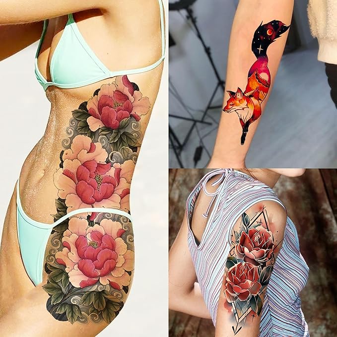 20 Sheets Sexy Rose Flower Full Arm Temporary Tattoos For Women Girl, Large Peony Lotus Florals Wolf Lion Tiger Fox Skull Fake Sleeve Tattoo For Adults, Watercolor Skull Halloween Tattoo Stickers