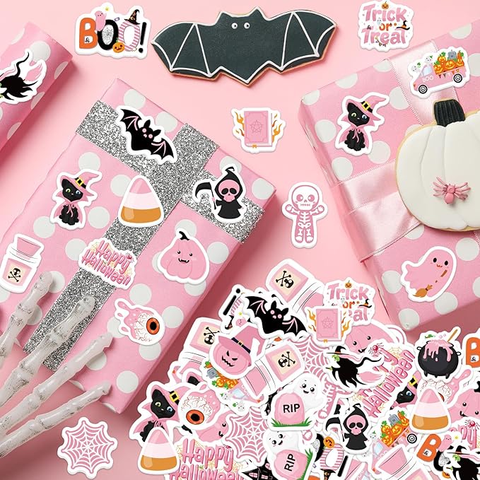 300Pcs Halloween Foam Stickers, Self-Adhesive Pink Ghost Witch Pumpkin Stickers Halloween Decals Sticker Decorations for Home Office School Classroom DIY Art Craft Party Supplies
