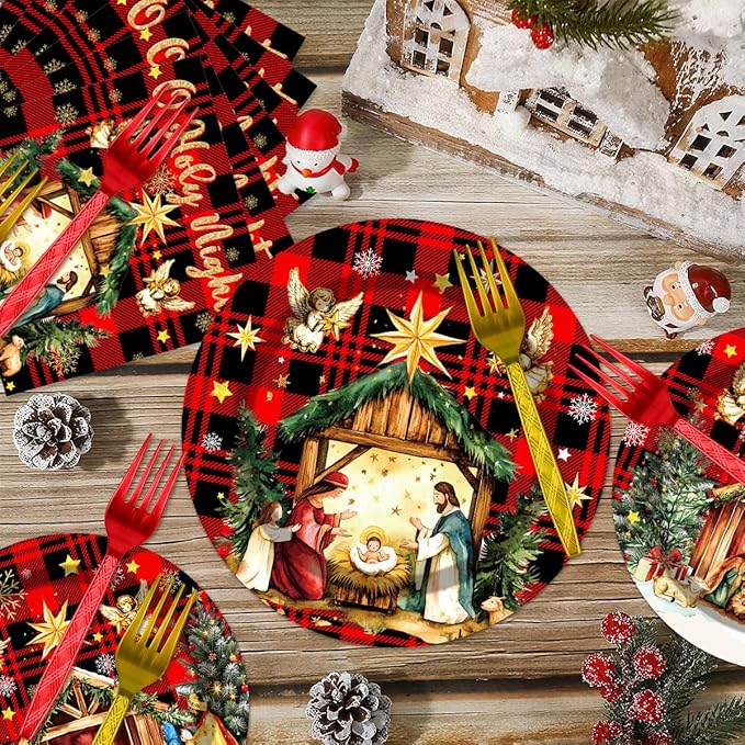 96Pcs Happy Birthday Jesus Decorations Disposable Tableware Set - O Holy Night Jesus Paper Plates Napkins Forks Christmas Jesus Birthday Party Supplies Serve 24 Guests