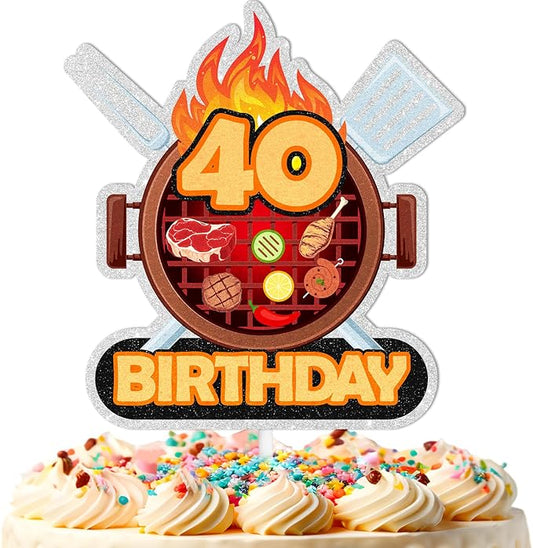 Barbecue Cake Topper 40th Birthday Happy BBQ Sausage Decorations for Men and Women Birthday Party, Summer Outdoor Picnic Party, Anniversary Friends Family Event Gathering Cooking Grill Decoration