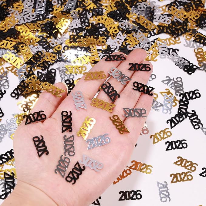 VHUWE 2026 New Years Confetti, 2.12 oz Shinny Metallic Black Gold Silver 2026 Number Confetti for Tables 2026 Happy New Year Decorations New Years Eve Party Supplies | Black Gold Silver
