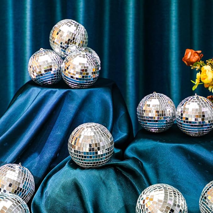 MTLEE 20 Pcs Disco Balls Decoration Mirror Disco Ball Assorted Silver Mini Glass Different Sizes Reflective with Rope for 70s Wedding Dance Music(4 Inch)