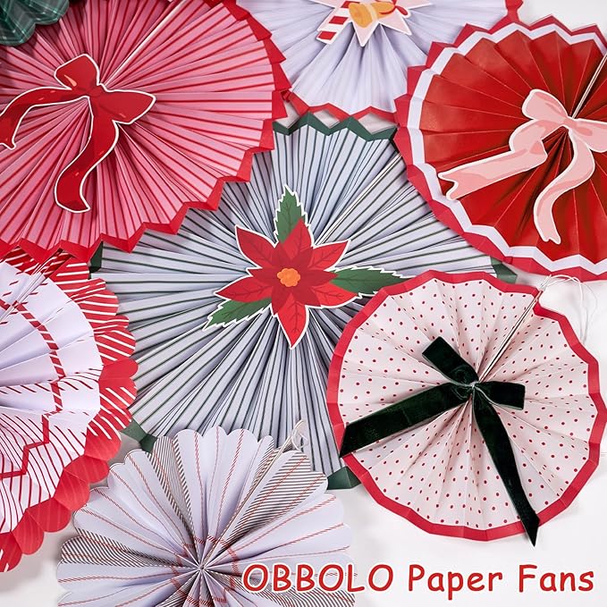 Christmas Paper Fans, 11 Pcs Hanging Xmas Paper Decorations, Hanging Xmas Decorations in Green, Red and White Holiday Party Decorations