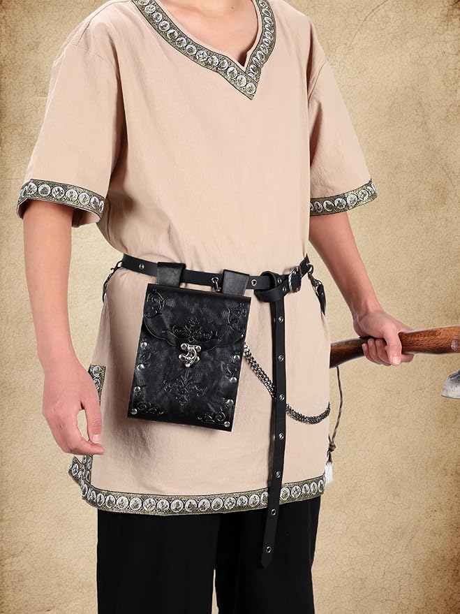 Ultrafun 3pcs Renaissance Belt Accessories Faux Leather Medieval Viking Chain Belt Bag Skirt Hike Ren Faire Costume