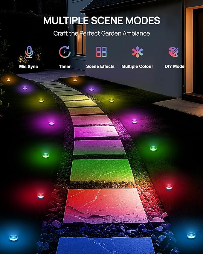 VCOKEN Outdoor Ground Lights, 50FT with Smart 15 LED RGBWW Christmas Pathway Lights with App Control, DIY Scene Modes IP65 Waterproof Walkway Light for Yard, Walkway Driveway Garden Decor