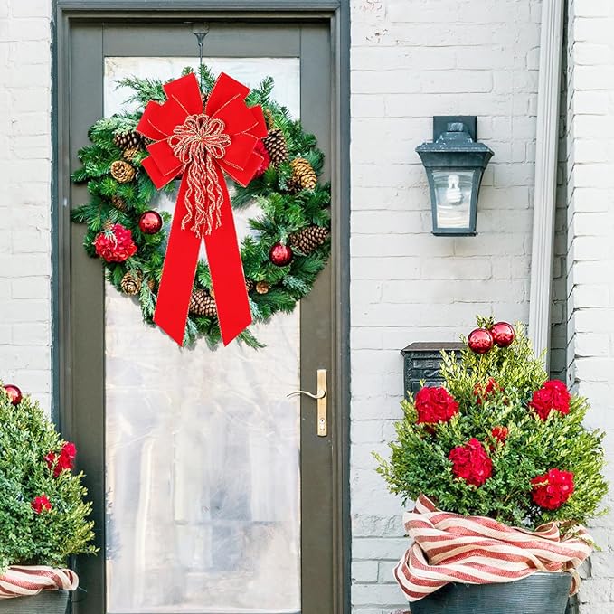 Super Holiday Red Christmas Bows, 20”x10.5” Large Velvet Christmas Tree Topper Ornaments for Xmas Tree Decorations, for Home Front Door Wreath Bow Indoor Outdoor Party Decor.