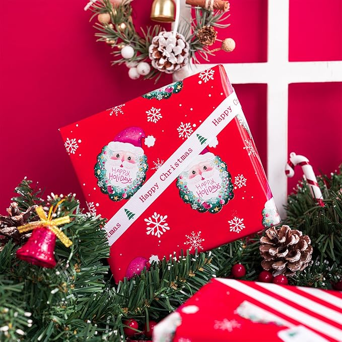 WRAPAHOLIC Reversible Christmas Wrapping Paper - Mini Roll - 17 Inch x 33 Feet - Red Santa Claus and Stripes Design for Christmas, Holiday, Party Celebration