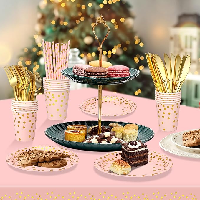 Sylken 186 Pieces pink and Gold Party Tableware Set - 25 Guests Paper Plates, Napkins, Paper Cups, and Tableware for Wedding Shower, graduations, cocktail parties , Birthday etc.