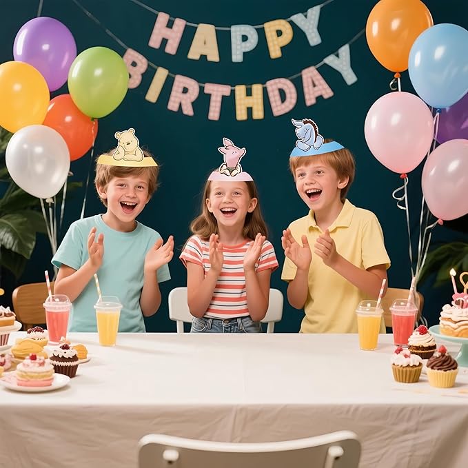 16PCS Winnie Party Hats For Kids Birthday Paper Crown Headband Cute Hats Bulk For Pooh Baby Shower Decorations Newborn Party Supplies Favors