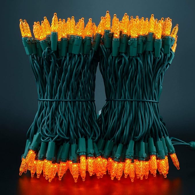 YULETIME Orange Faceted LED Christmas Lights 200 Count 50 ft, Pack of 2 Strands 25 ft 100 Lights UL Certified Halloween String Light Set (Orange)